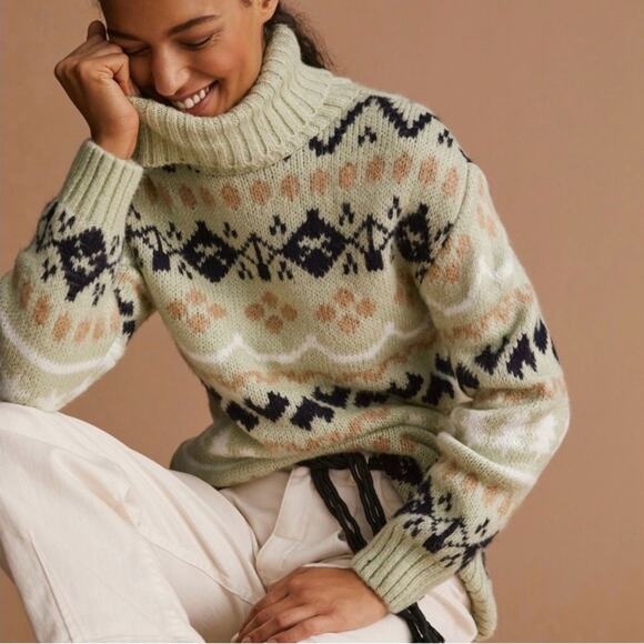 Anthropologie Green Fair Isle Turtleneck Oversized Winter Holiday Sweater XS - Picture 1 of 9